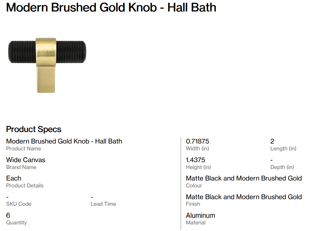Modern Brushed Gold Knob - Hall Bath (Dant)