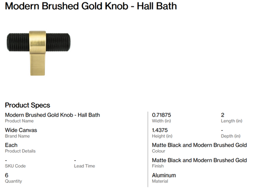 Modern Brushed Gold Knob - Hall Bath (Dant)