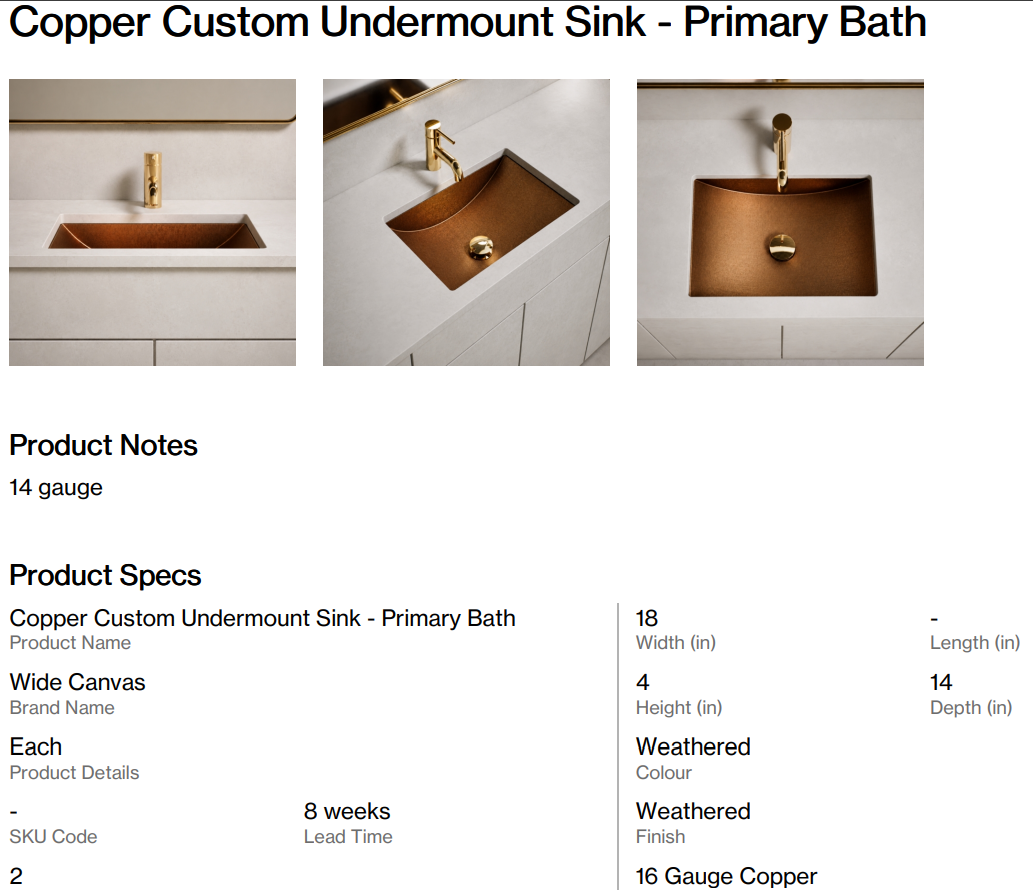 Copper Custom Undermount Sink + Drain - Primary Bath (Back Nine)