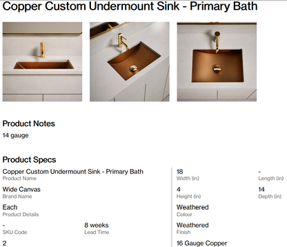 Copper Custom Undermount Sink + Drain - Primary Bath (Back Nine)