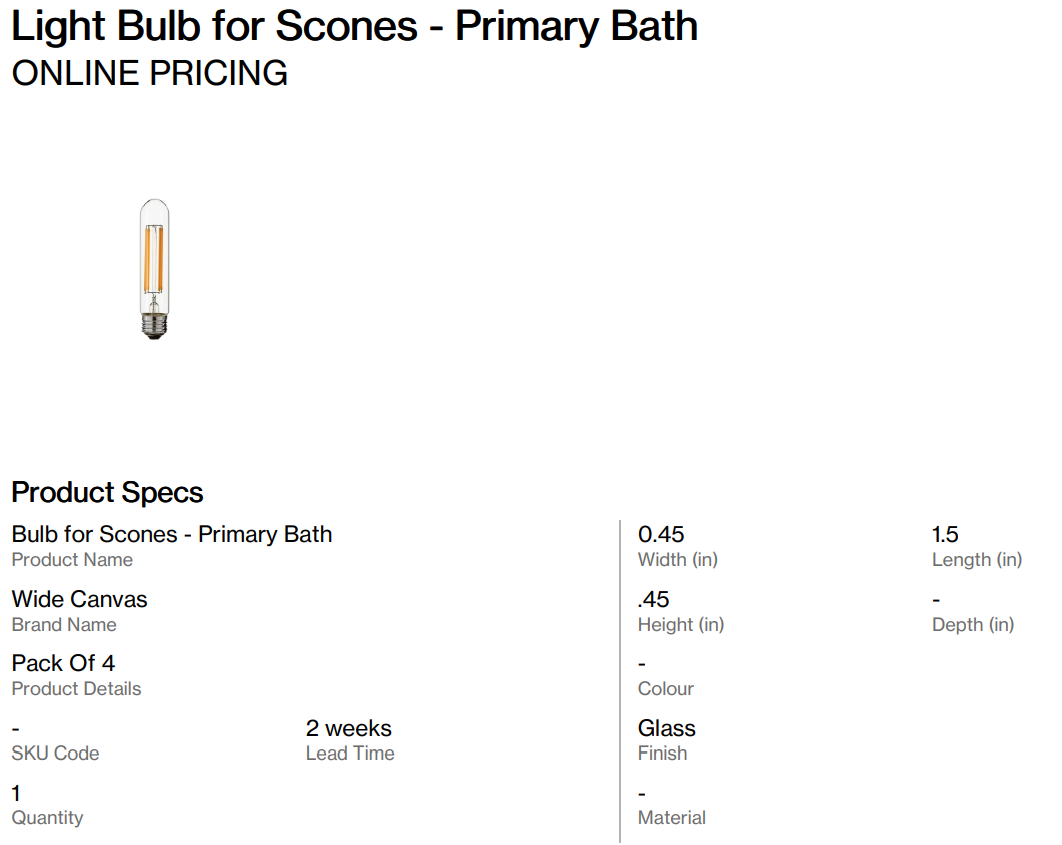 Wall Sconce + Light Bulbs - Primary Bath (Dant Blvd.)
