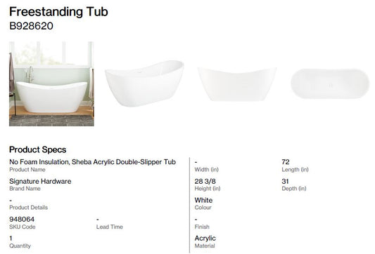 72" Acrylic Freestanding Tub, No Foam Insulation & No Drain