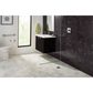 Black hexagon mosaic tile lining the shower and vanity wall with off-white, veined, marble floor. 