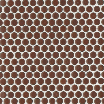 Cardinal red penny shaped mosaic tile on a beige background.