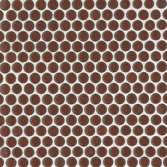 Cardinal red penny shaped mosaic tile on a beige background.