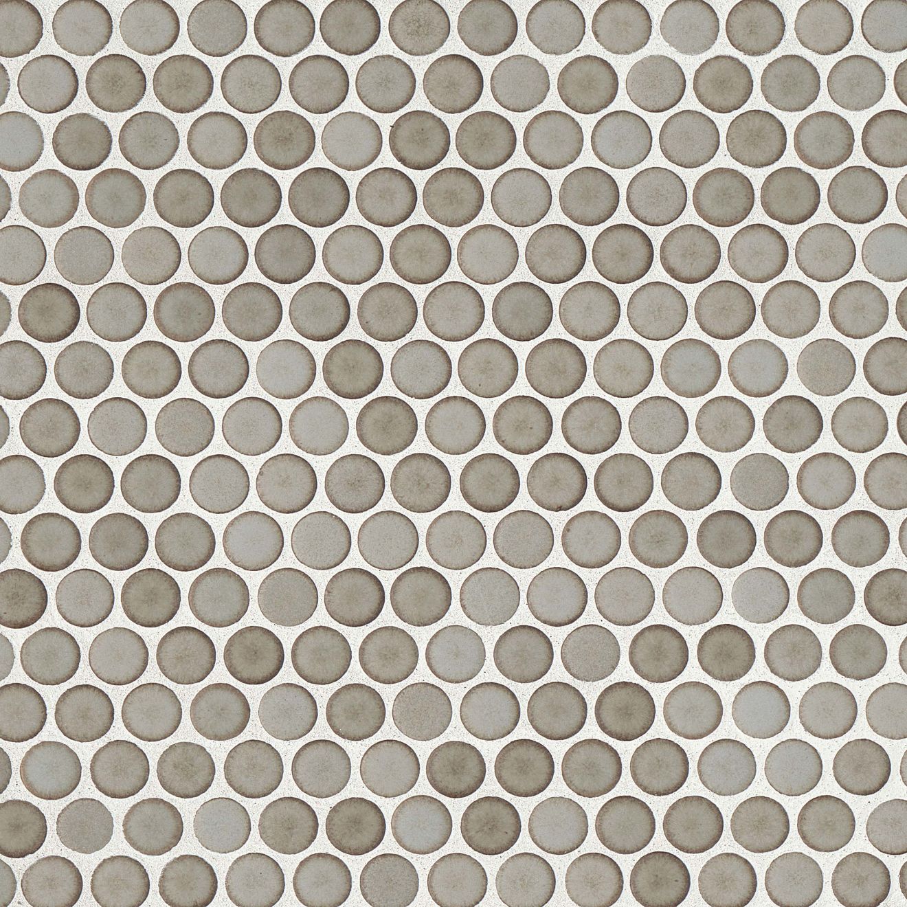 Pumice penny shaped mosaic tile on a beige background.