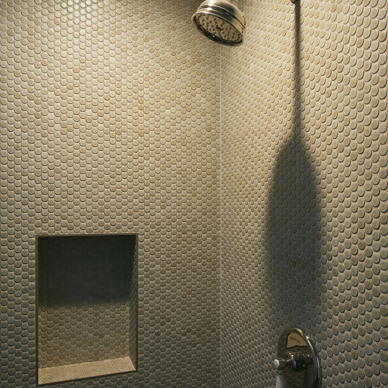 Beige penny round tile lining shower wall.