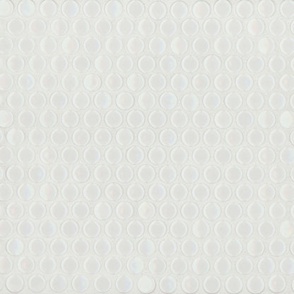 White gloss penny shaped mosaic tile on a beige background.