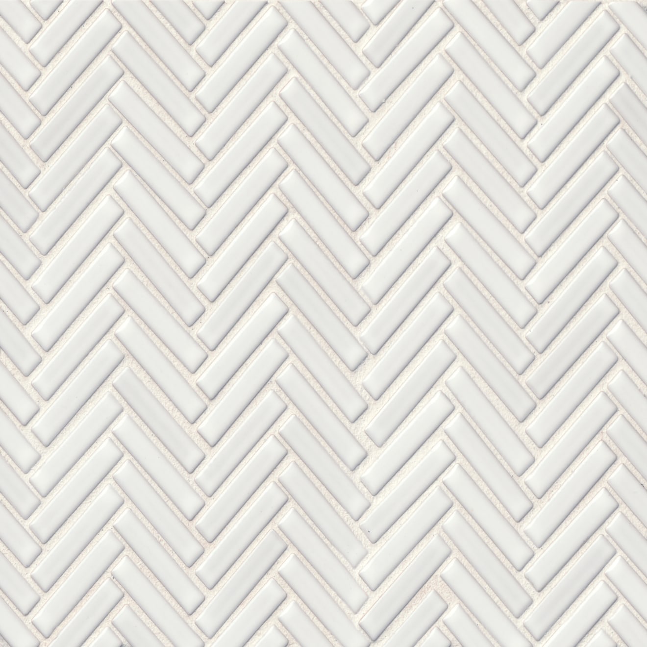 Herringbone tile in the color White on a neutral background. 