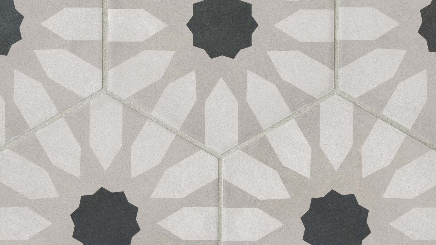 Hexagon tile resembling a floral pattern with a black decagon shape in the middle with white pointed stripes pointed towards the black center.  