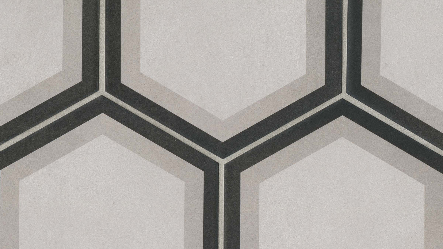 Hexagon tile with black and grey outlines around the edge of the tile.