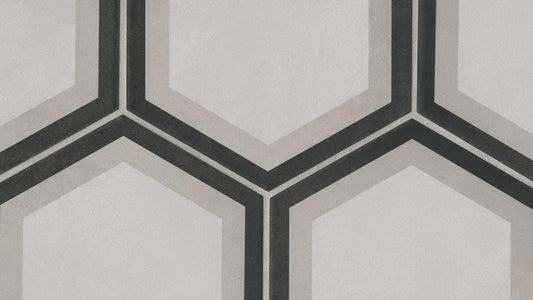 Hexagon tile with black and grey outlines around the edge of the tile.