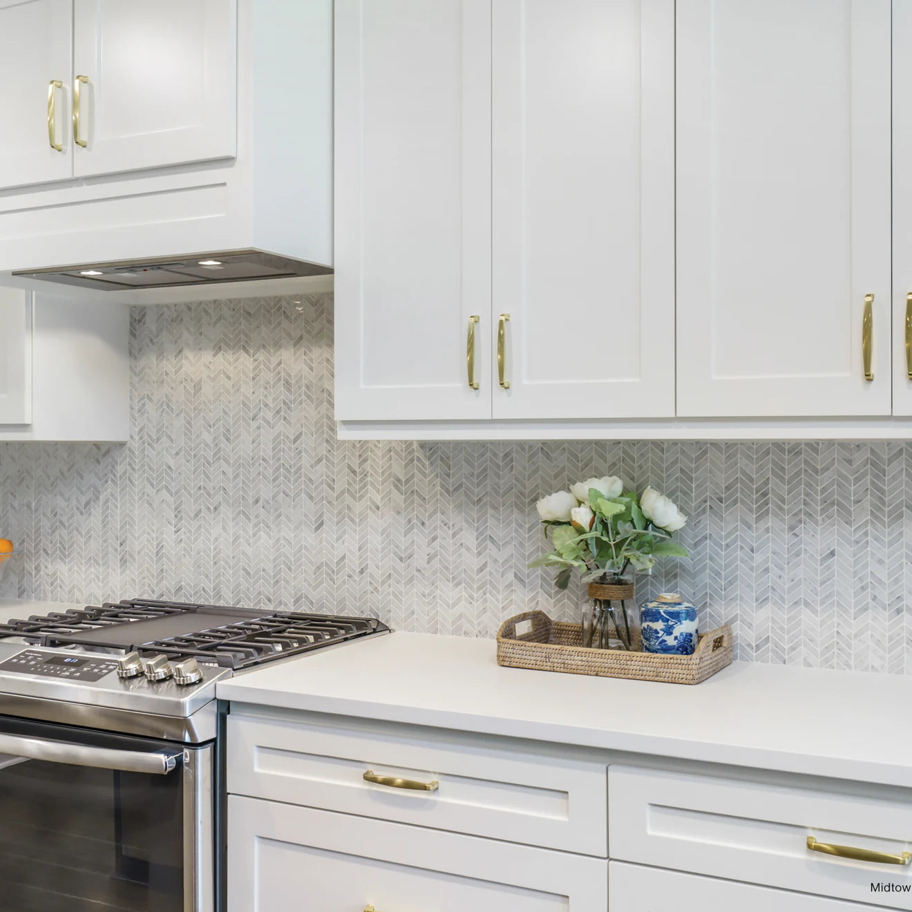 White Carrara Chevron Mosaic Tile