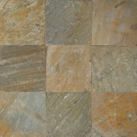 12" x 12" field tile with a mixture of earth tones of red, orange, brown, and grey. 